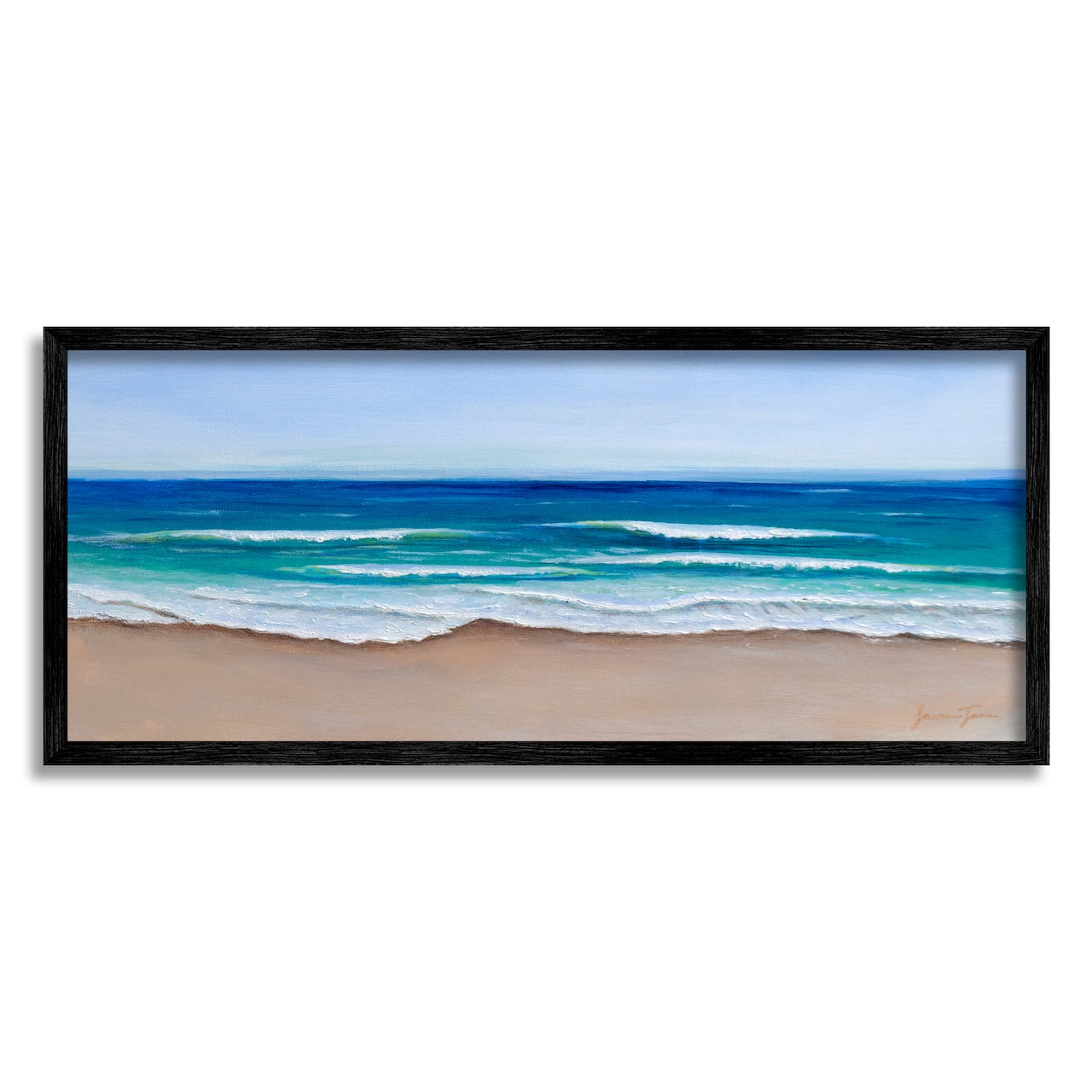 Stupell Industries Vibrant Blue Beach Coast Ocean Shoreline Panoramic Painting Framed Wall Art